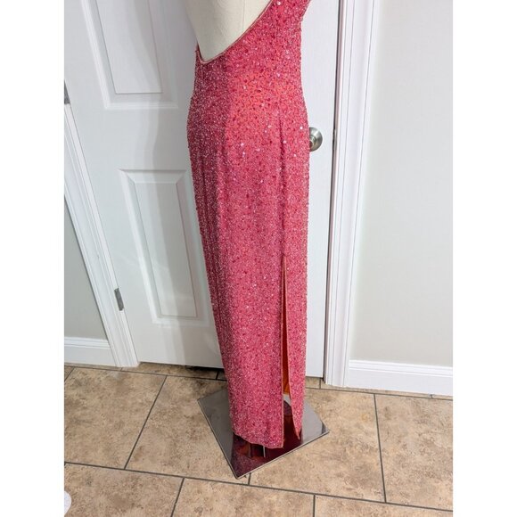 Vintage Y2K Scala Beaded Silk Halter Key Hole Backless Pink Double Slit Gown M - Picture 8 of 15